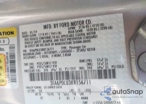 2019 Ford Fusion Hybrid Se z USA, uszkodzony, nr VIN 3FA6P0LU3KR156711